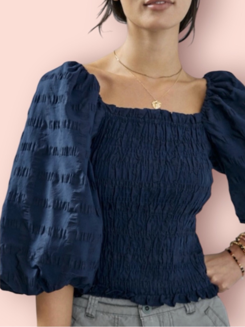 MAEVE Anthropologie Navy Blue Smocked Bree Top